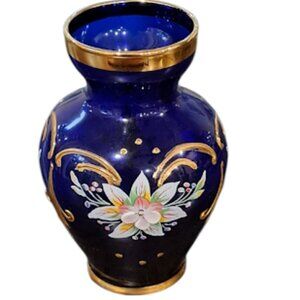 Vintage Mini Cobalt Blue Glass Vase, Gold Trim, 3D Hand painted Floral Design